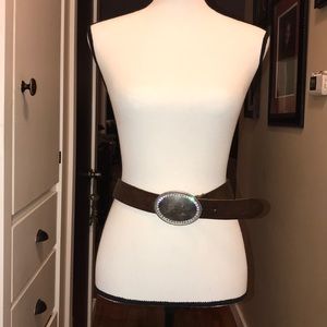 Brown Leather Belt With Rhinestone Buckle